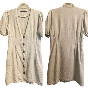 Zara Basic Beige Tortise Button Up Linen Dress Size Small